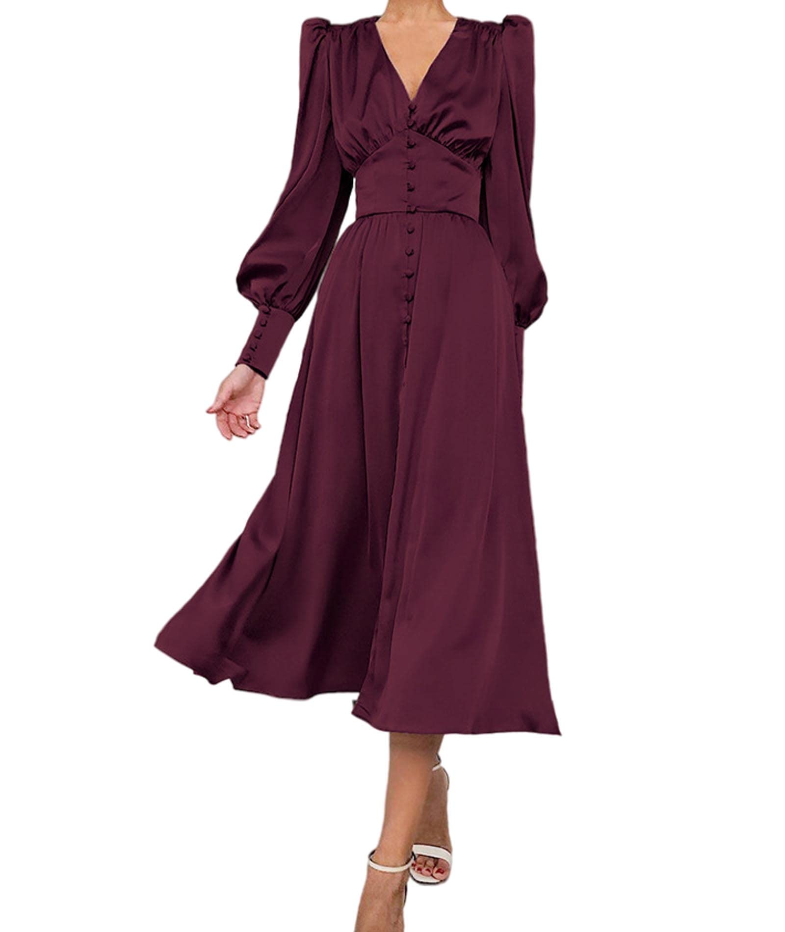 xxxiticat Abito da donna a maniche lunghe, in raso, a maniche lunghe, con bottoni, con volant, stile vintage, maniche a sbuffo