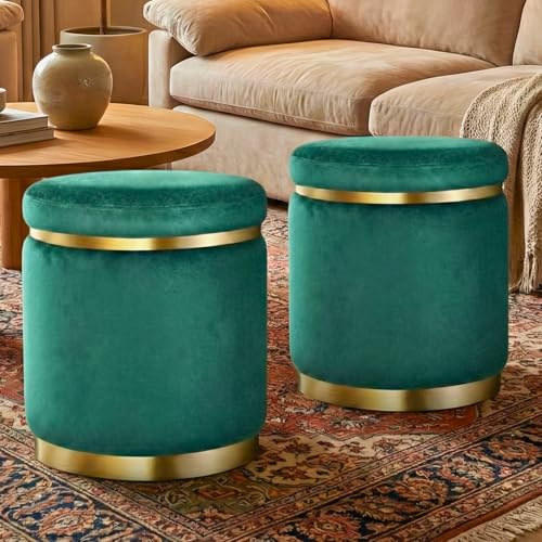 Image of Decorative Ottoman Pouffes for Sitting - Two-Piece Set of Puffy Stools and Footstools - Round Ottoman Stool for Living Room Furniture (Green)