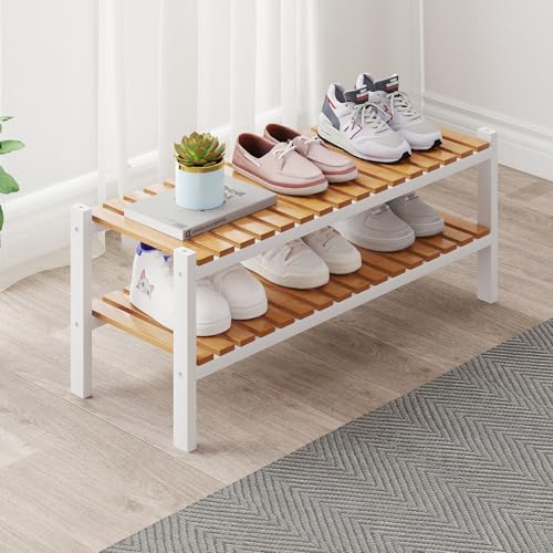 Bamboo Shoe Rack Organizer for Closet and Entryway-Space-Saving Narrow Shoe Stand-Versatile Shoe Holder for Door or Closet Shelf,Garage Bedroom can Freely Stack DIY Small Shoe Racks 2Tier Mixed color