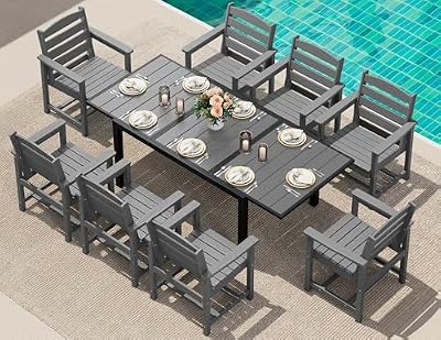 SERWALL 9-Piece Outdoor Dining Set, 60" - 83" Expandable Outdoor Dining Table and 8 HDPE Chairs, All Weather HDPE Outdoor Furniture Set for Backyard, Garden, Grey
