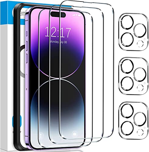 Image of Fotbor for [3+3 Pack] iPhone 14 Pro Screen Protector with Camera Lens Protector, 9H Shatterproof Tempered Glass Film with Easy Installation Frame, HD Clear Sensitive Full Coverage 6.1 Inch