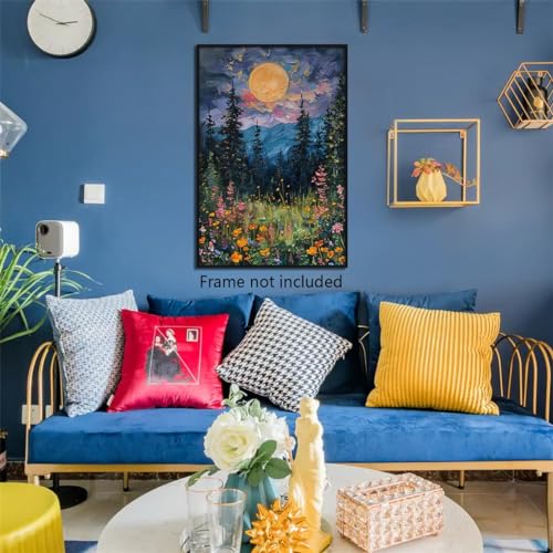 Yuaruo Vintage Full Moon Above The Wildflowers Canvas Wall Art, Mystical Midnight Woodland Art Print Poster, Retro Flowers And Trees Nature Oil Painting, Dark Forest Landscape 12X16In Unframed thumb #6