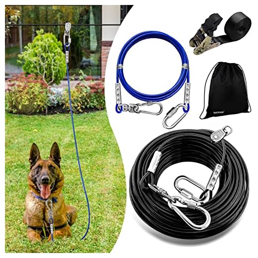 WATFOON Dog Runner for Yard, Dog Trolley Cable System Aerial Run Zip Line for Large Dogs, 100ft/ 50ft Heavy Dog Tie Out Cable with 10/15/25 ft Pet Leads Zipline for Camping Gear (100ft+15ft)