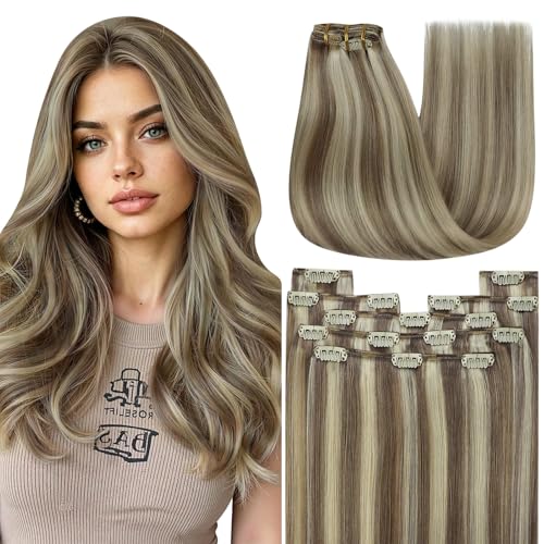 Image of YoungSee Human Hair Clip in Extensions Light Brown with Blonde Highlights Clip-in Hair Extensions, Short Straight Hair Extensions Clip ins for First-time Users 12 Inch 7Pcs 85G