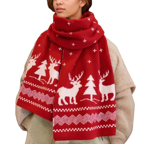 Fall Winter Soft Knit Scarf for Women Men Boys Girls Christmas Scarf with Reindeer and Snowflake Pattern (Green)