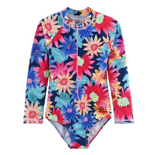 Image of Girls Swimsuits One Pieces Long Sleeve Swimwear UPF50+ Toddler Kids Zipper Sun Protection Bathing Suits Sizes 2-12