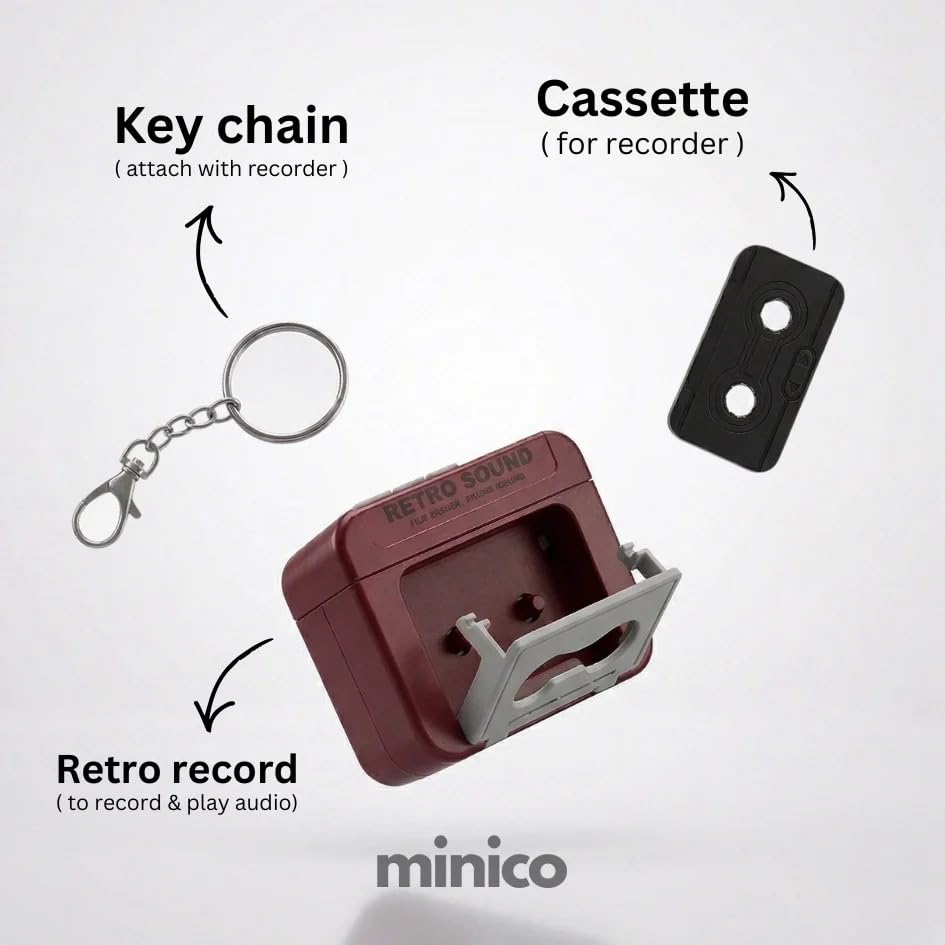 Image of Minico Mini Audio Recorder Retro Keychain | Retro Sound Recording Keychain | Cassette Tape Keychain Retro Style,Cute Portable Audio Recording Device Key Chain for Bag (Random Color) (Pack of 1)