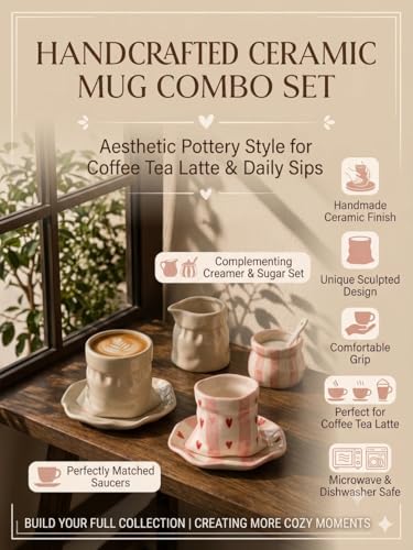 Image of Set of 2 Handmade Ceramic Coffee Mugs - Heart Print & White Pottery Style Aesthetic Tea Cups for Coffee Milk Espresso, Designer Mug Combo for Women Girls Home Cafe Use