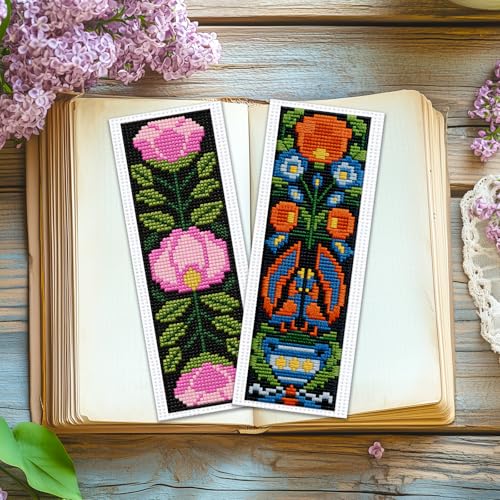 Image of ACRNIGHEET 6PCS Cross Stitch Kits Stamped Cross Stitch Bookmark Kit for Beginner Adults Easy Flower DIY Embroidery Bookmark Kit Needlepoint Kits with Instructions Book Lovers Craft Gift 8.5''x3'' 11CT