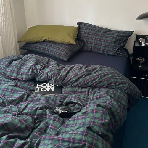 Image of VM VOUGEMARKET Green Gingham Duvet Cover King 100% Washed Cotton | Classic Green Navy Pink Plaid Checkered Comforter Cover Set for Contemporary Bedroom Decor