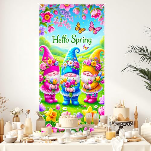 Image of Hello Spring Gnome Trio Door Cover 35x71in Butterfly