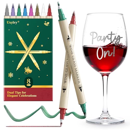Uxylry Wine Glass Markers Washable, 8-Pack Dual Tip Erasable Pens | Food Grade Non-Toxic Ink for Glasses, Ceramic | Ideal Christmas Gifts & Party Accessories