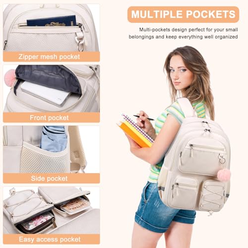 Image of School Backpack for Teen Girls, Cute College Back Pack Women, Kids Backpack | Middle Students School BookBag for Girls, 15.6 Inch Laptop Bag Travel Back Pack, Beige