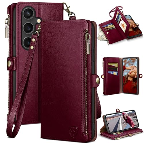 XcaseBar compatible with Samsung Galaxy S25 Wallet case with Zipper Credit Card HolderRFID Blocking Flip Folio Book PU Leather Phone case Shockproof Cover Men Women for Samsung S25 case Wine Red