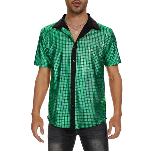 Image of Zando Men's Sequin 70s 80s Disco Shirt - Retro Short Sleeve Button Up Costume Halloween New Year Party Outfit Top & Clubwear