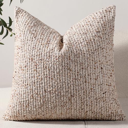 DEZENE 22x22 Beige Throw Pillow Cover Textured Boucle Striped Chic Morden Boho Accent Farmhouse Square Decorative Couch Pillow Cover for Home Decor Bed Sofa Living Room