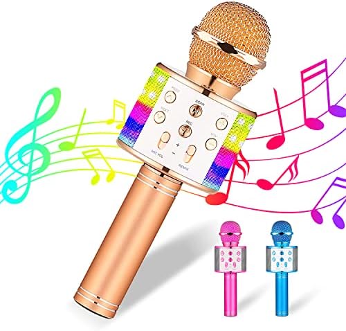 4 in 1 Portable Karaoke Microphone for Kids, Handheld Home Party Microphone with Magic Voice, Best Birthday for Kids, Suitable for All Smart Devices Rose Gold