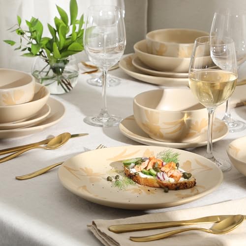 Image of Gibson Home Admiral Hall Plates and Bowls Set, 16-Piece Floral Dinnerware Set, Cream Stoneware Dish Set, Dinner Plates, Salad Plates, Pasta Bowls & Cereal Bowls