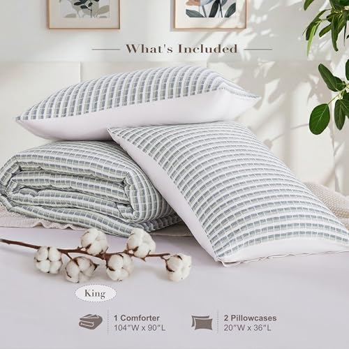 Image of Oli Anderson 100% Cotton Waffle Comforter Set King Size, 3 Pieces Lightweight Breathable All Season Bed Comforter, Soft Skin-Friendly Blanket for Bedroom Guest Room, Machine Washable, Green