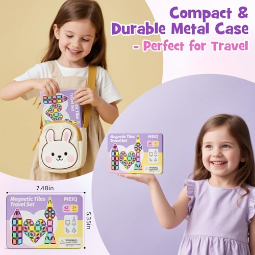 Image of 42-Piece Mini Magnetic Tiles Travel Set with Metal Storage Box - Portable STEM Building Blocks for Kids Ages 3-8, Montessori Educational Toys for Airplane & Car Rides, Gift for Boys & Girls