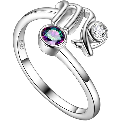 Adjustable Zodiac Sign Ring 925 Sterling Silver Fine Jewelry Gifts Rainbow Mystic Topaz Zirconia 12 Constellation Ring Astrology Cute Scorpio Ring Celestial Zodiac Jewelry Birthday for Women Girls