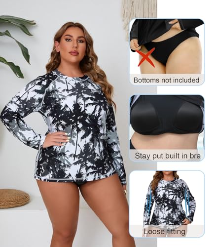 Halcurt Womens Plus Size Long Sleeve Rash Guard Swim Top with Built in Bra Loose Fit UPF50+ Sun Protection Swimsuit3