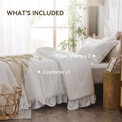 JOLLYVOGUE White Comforter Full Size, 3 Pieces Seersucker Lightweight Full Size Bedding, All Season Fluffy Microfiber Bedding Comforter Set with 1 Ruffle Comforter and 2 Ruffle Pillowshams