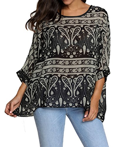 Rokou Women Bohemian Chiffon Blouse Batwing Sleeve Floral Beach Cover Tunic Tops