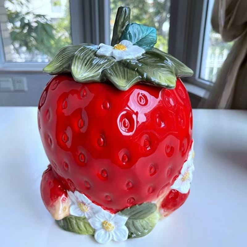 PEHOSTCeramic Strawberry Shaped Cookie Jar with Floral Design, 9.6" Height, Large