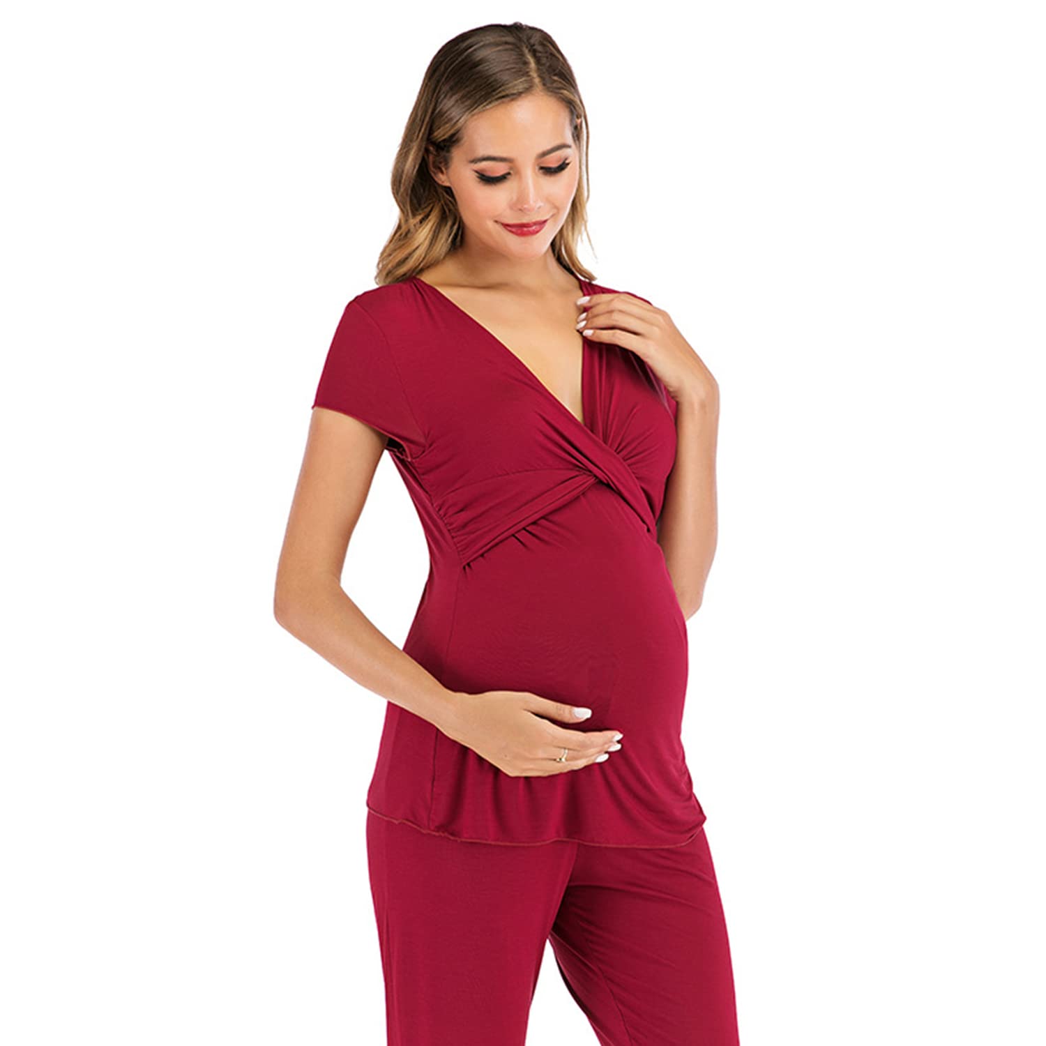 Women's Maternity Nursing Pajamas Set Schwangerschaft Stillen Sleepwear Short Sleeve Top + Pants Nursing Night Suit
