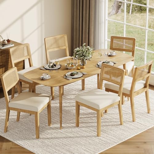 Garvee Rattan Dining Chairs Set of 6, French Country Upholstered Dining Chairs Wood Frame, Rattan Backrest, Armless Chair for Kitchen Restaurant Dining Room Bedroom, Linen, Natural
