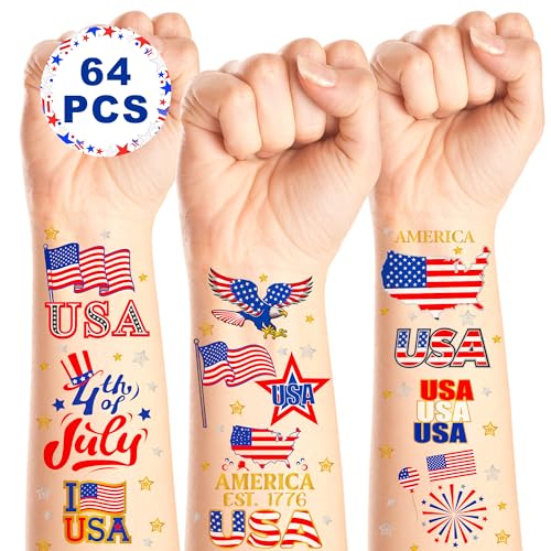64 PCS 4 Sheets 4th of July Temporary Tattoo Set Patriotic Party Face Body Decorations American Flag Independence Long Lasting Tattoo Stickers for 250th Anniversary Red White and Blue Accessories