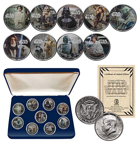 STAR WARS Licensed 1977 Kennedy Half Dollar Collectible Art 9-Coin Set with BOX and CERTIFICATE