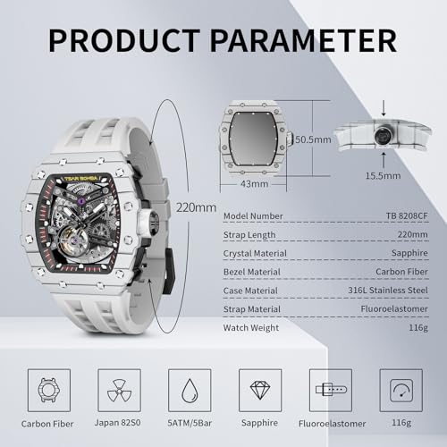 Image of TSAR BOMBA Men's Automatic Watch Tonneau Luxury Skeleton Watches for Men Mechanical 50M Waterproof Analogue Watches Mens Unique Cool Square Big Face Dial Wristwatch with Silicone Strap Band