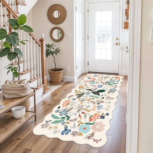 Washable 3x6 Hallway Runner Rug: Floral Scalloped Soft Runners for Entryway Kitchen Nursery Non Slip Bathroom Laundry Floor Mat Water Resistant Light Weight Carpet for Living Room Bedroom (3x6,Cream)