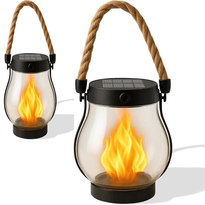 Lights Cordless Solar Flickering Flame Lantern – Waterproof Outdoor LED Garden, Patio, & Path Light, 12-Hour Solar-Powered(2pcs)