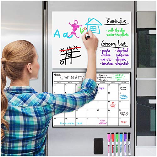 Magnetic Dry Erase Whiteboard and Calendar Bundle for Fridge: 2 Boards Included - 17x12