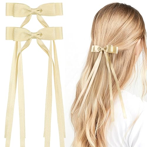 VOBOBE 2PCS Hair Bows for Women Girls Tassel Ribbon Bowknot Hair Clips Barrettes for Girl with Small Long Tail Solid Satin Hair Accessories (Gold-Glitter)