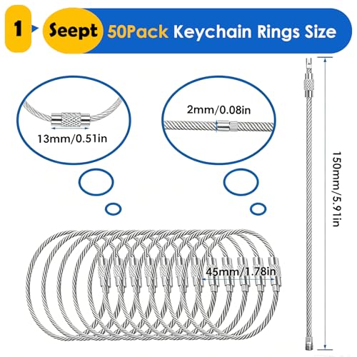Image of 50 Pack Key Chain 6 inch Keychain Rings 2mm Stainless Steel Large Key Ring for Key Tags,Keyrings, Luggage Tags,ID Tag Keepers,Car Keys Wire Keychain Cable Packed in Box