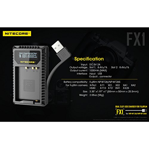Nitecore FX1 Digital USB Camera Battery Charger Compatible with Fujifilm NP-W126 and NP-W126S Batteries