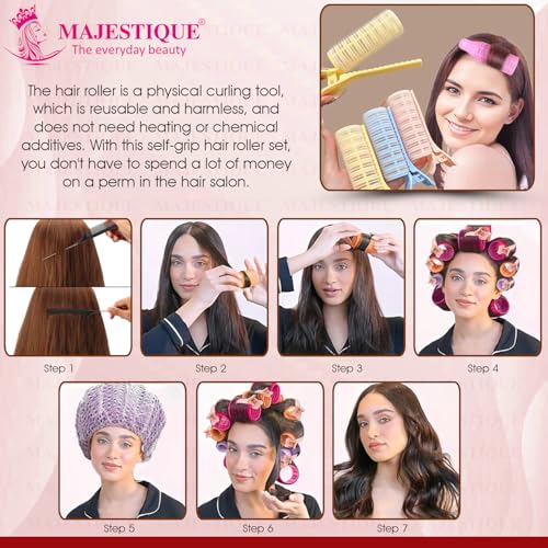 Image of Majestique Hair Curler Roller Kit with Reusable Shower Head Cap - Hair Roller Curler for Volume & Styling | Velcro Hair Rollers with Tail Comb & Clips | Heatless Hair Curler Set for Women | Hair Styling Tools 8Pcs Multicolour