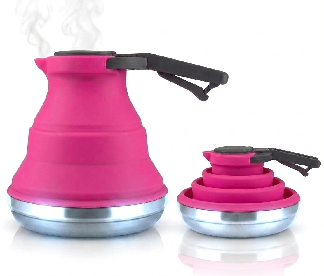 Heather Bollitore da campeggio pieghevole in silicone, 1,5 l, bollitore pieghevole per acqua bollente, piccolo bollitore portatile in silicone per fornello a gas, pentola da campeggio, caravan, rosa