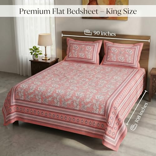 Image of Mafatlal 144 TC Pure 100% Cotton Double Bed Sheet with 2 Pillow Covers | 90 x 108 inches | Bedcover for Queen Size Bed, Jaipuri Prints | Peach Nude