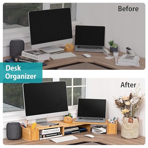 Image of VBM Monitor Riser Stand Bamboo Computer Laptop, Printer, PC with Storage Slot Adjustable Desktop Stand For Home , Office (wooden monitor stand with drawer)