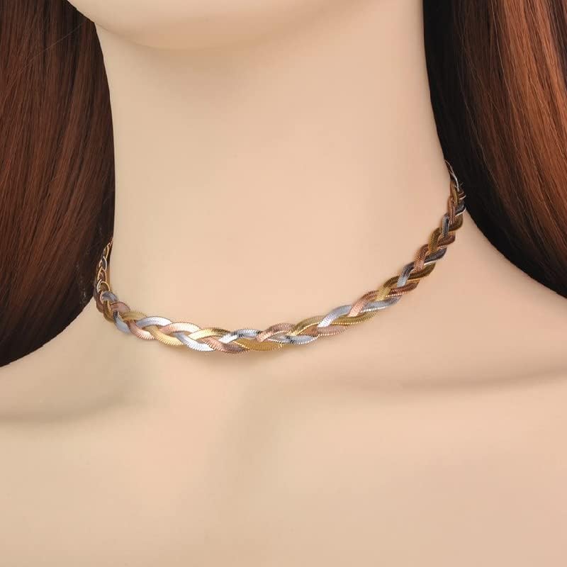 JAJAFOOK Stainless Steel Tricolor Choker Necklace Tri Braided Herringbone Chain Necklace for Women - Image 6