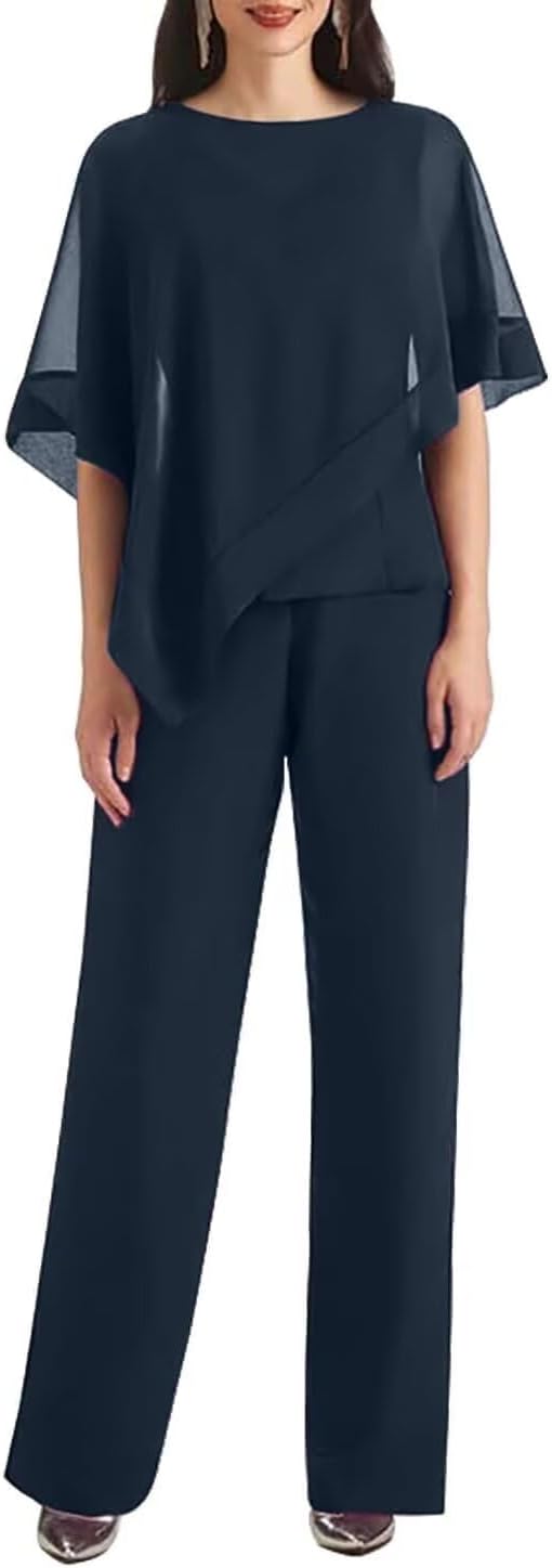 3 Pieces Mother of The Bride Pant Suits with Cape Chiffon Pants Outfit for Wedding Party Guest KW011