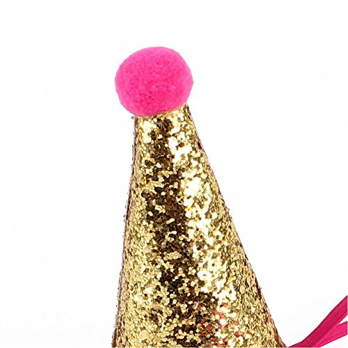 Stock Show Pet Cute Birthday Party Cone Hat and Bow tie Collar Set with Adjustable Headband and Pom-poms Topper for Small Medium Dogs Cats Pets, Rose Red - Thumbnail 2