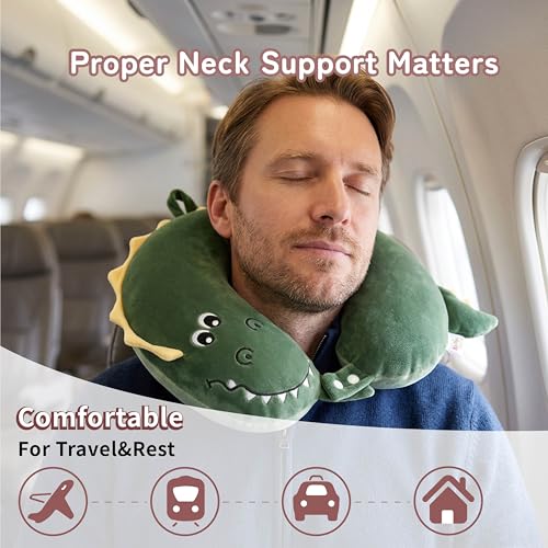 Image of Memory Foam Travel Neck Pillow for Teens and Adults, Crocodile Design | Removable cover, machine washable, 360-degree head & chin support, 17 in neck size for teens and adults, car & airplane use