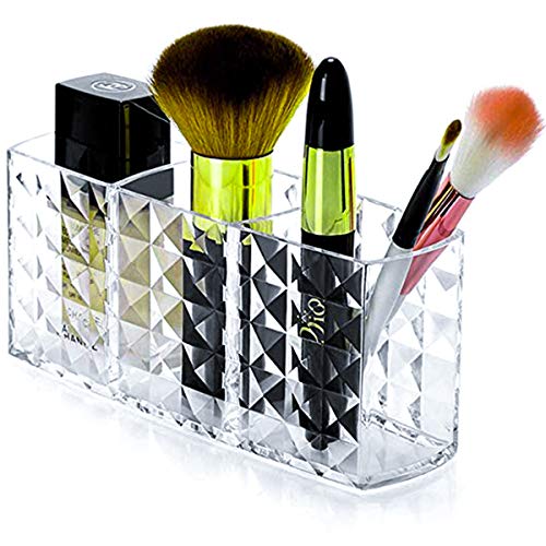 Tasybox Makeup Brush Holder Organizer, 3 Slot Acrylic Cosmetic Brushes Storage, Eyeliners Eyebrow Pencil Clear Diamond Shaped Display Case