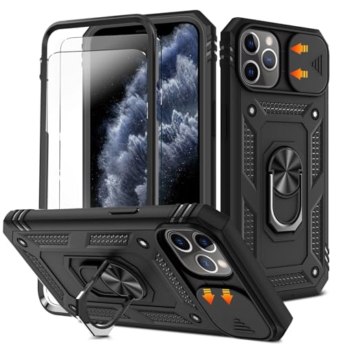 HpulaCase for iphone 11 Pro Case with Camera Cover Slider 2*Screen Protectors Build in 360Rotating Ring Kickstand Military Grade Protective Case for iphone 11 Pro 5.8-Black